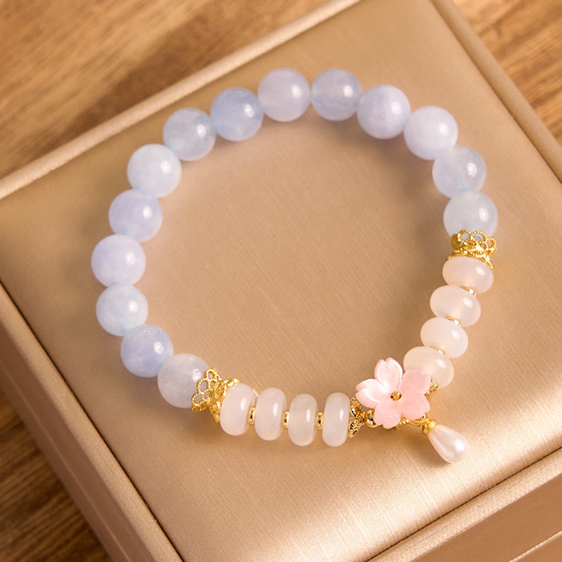 Wear FengShui Aquamarine White Agate Pearl Abacus Beads Flower Healing Bracelet