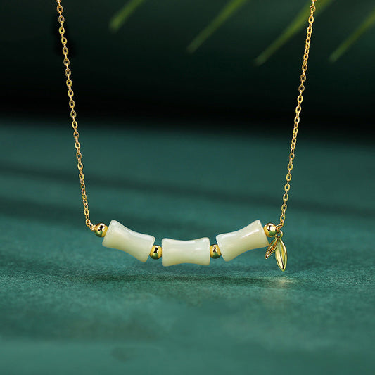 Wear FengShui 925 Sterling Silver Hetian Jade Bamboo Fu Character Prosperity Necklace Pendant Bracelet