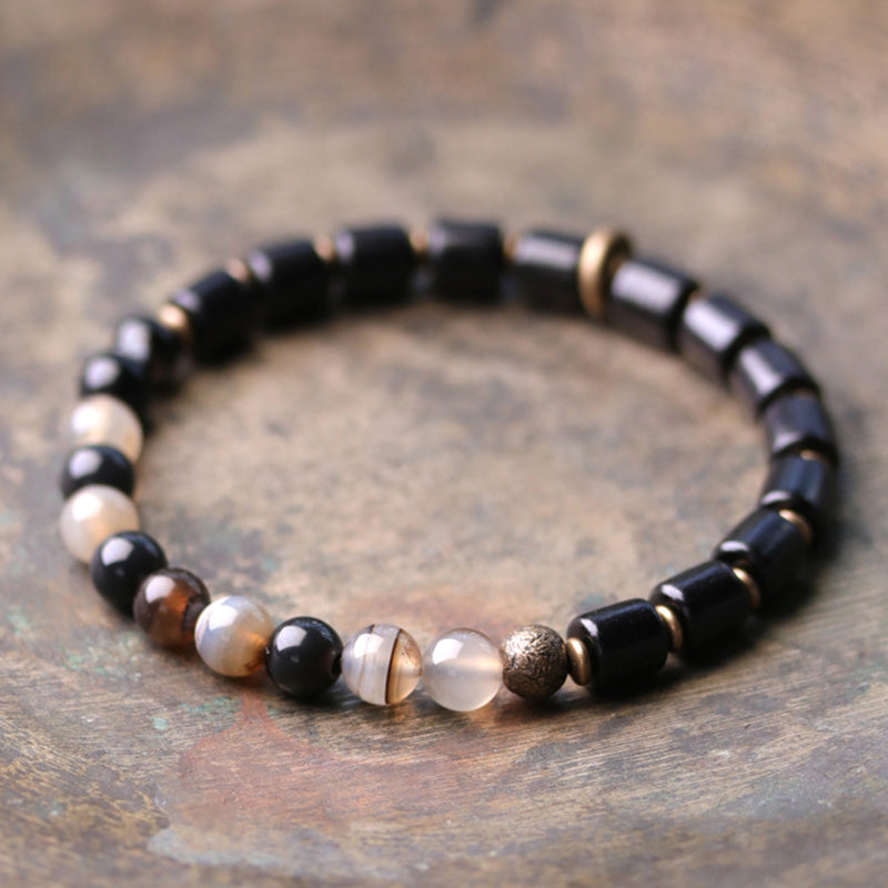 Wear FengShui Ebony Wood Red Jasper Moss Agate Crystal Copper Peace Couple Bracelet