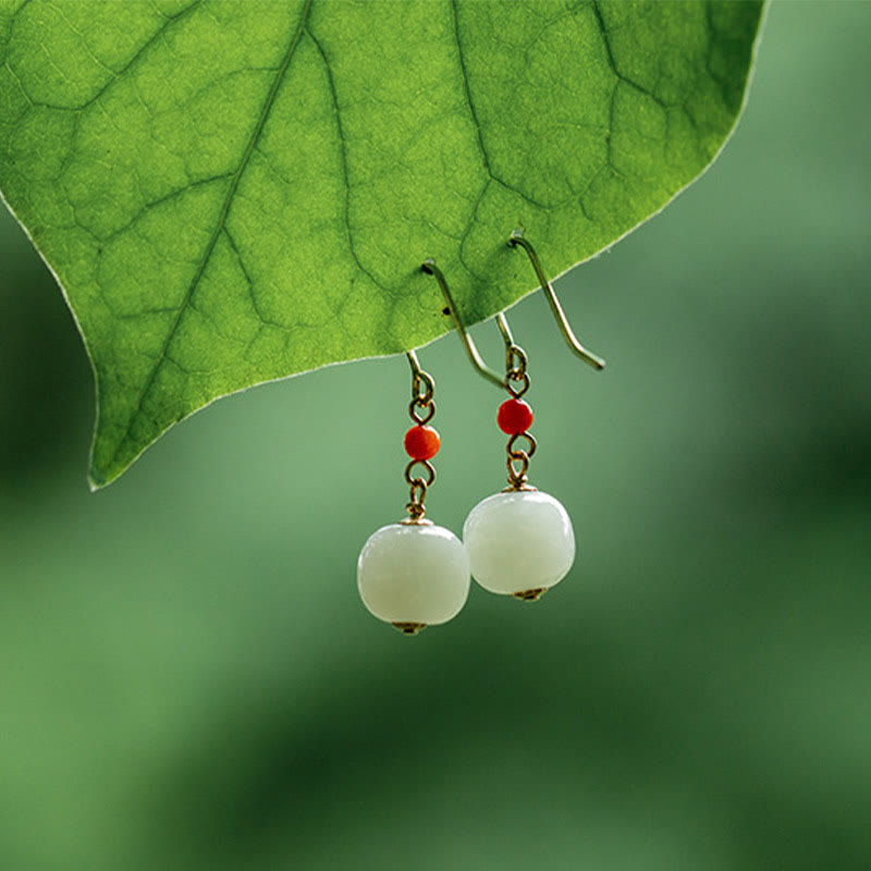 Wear FengShui 925 Sterling Silver Plated 14k Gold Hetian Jade Red Agate Luck Drop Dangle Earrings