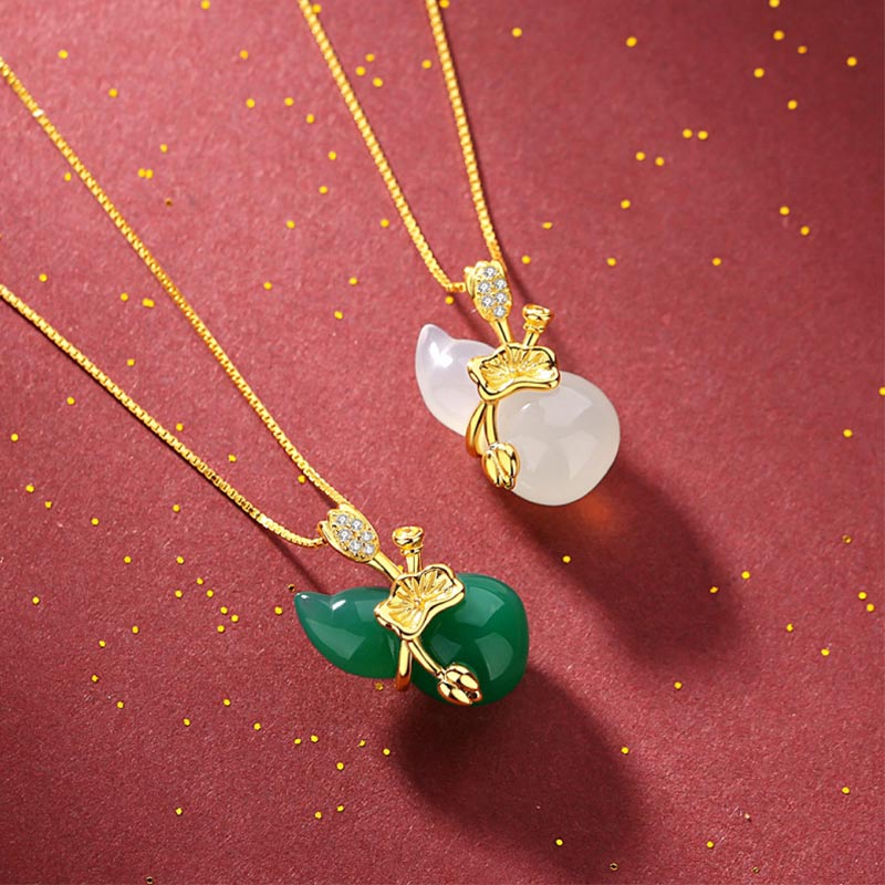 Wear FengShui Cyan Jade Gourd Lotus Leaf Abundance Pendant Necklace