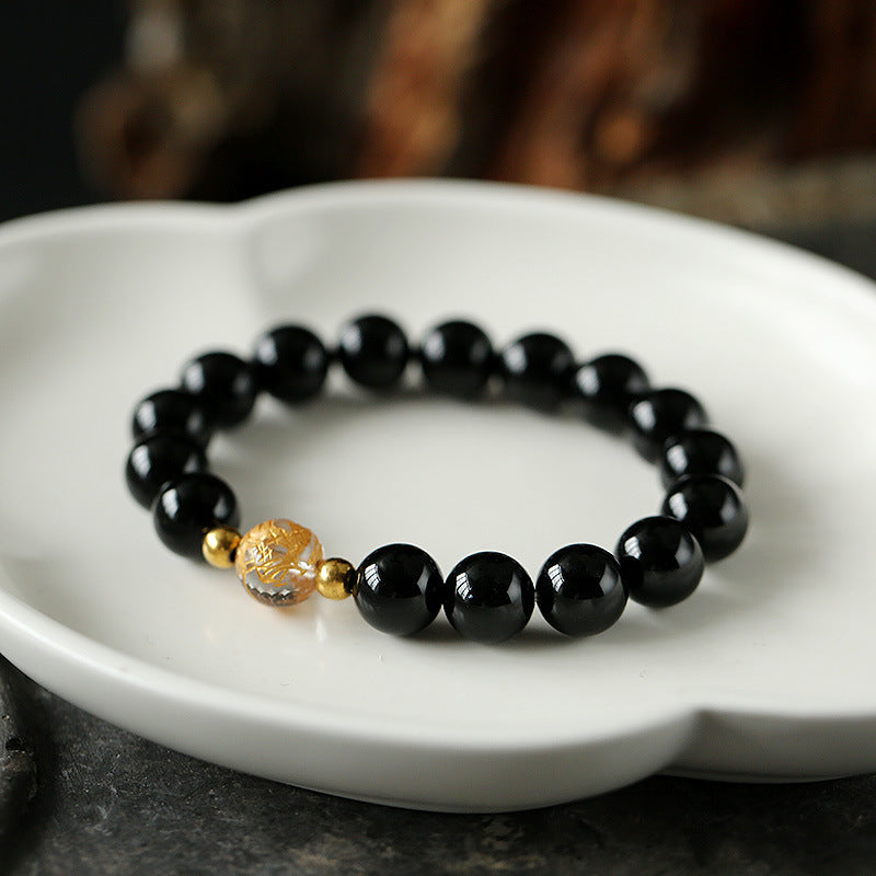 Wear FengShui Natural Black Obsidian White Crystal Black Onyx Dragon Strength Bracelet