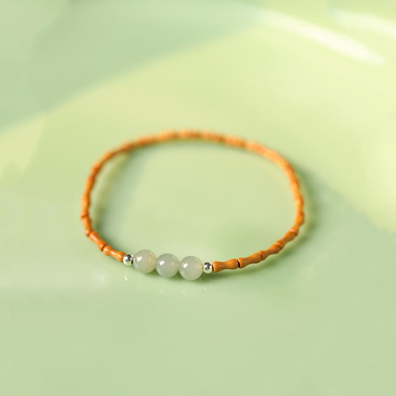 Wear FengShui Natural Olive Pit Bamboo Pattern Hetian Jade Beads Luck Bracelet