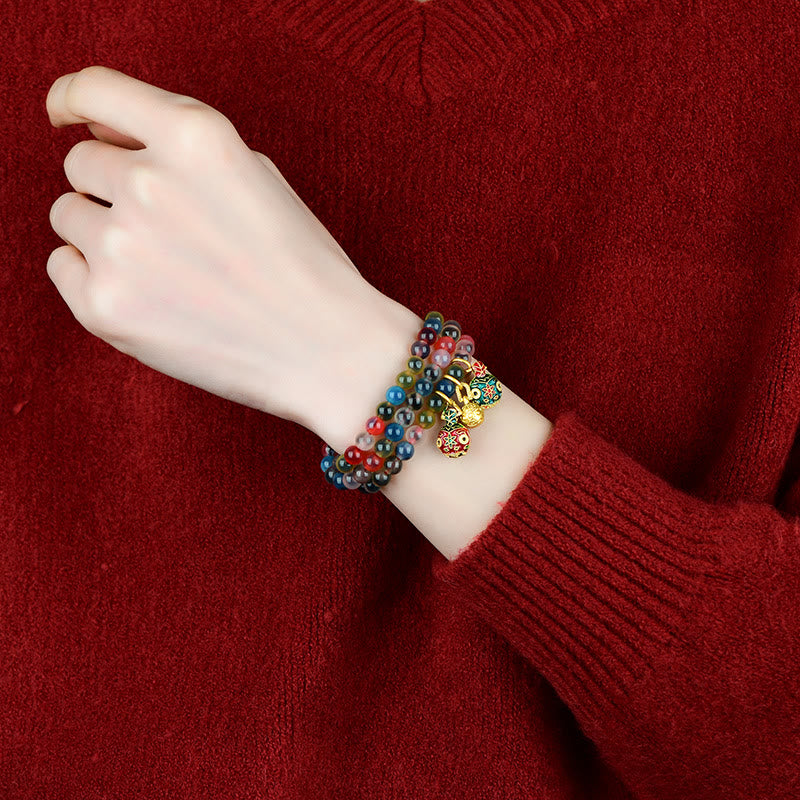 Wear FengShui Colorful Candy Agate Gold Swallowing Beast Family Strength Charm Triple Wrap Bracelet
