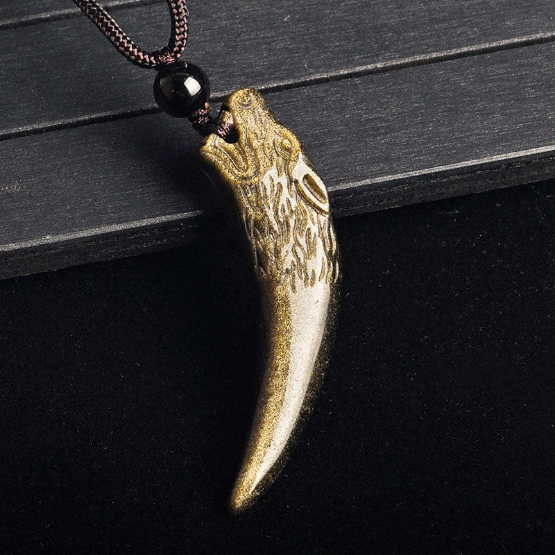 Wear FengShui Natural Black Obsidian Ice Obsidian Rainbow Obsidian Wolf Tooth Pattern Strength Necklace Pendant