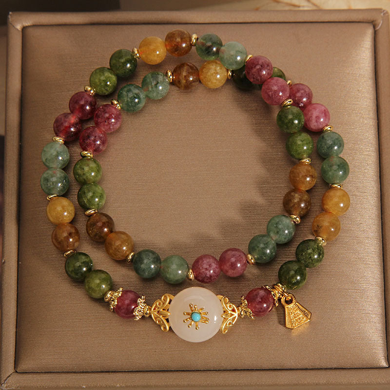 Wear FengShui Natural Multicolored Tourmaline Positive Jade Flower Double Wrap Bracelet