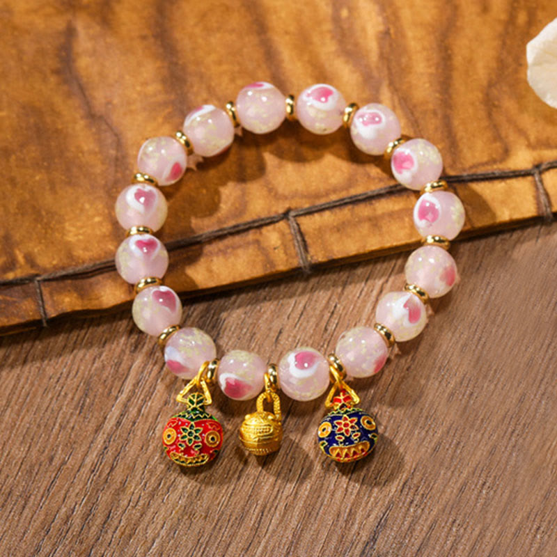 Wear FengShui Gold Swallowing Beast Family Charm Luminous Pink Love Heart Fluorescent Liuli Glass Bead Blessings Bracelet