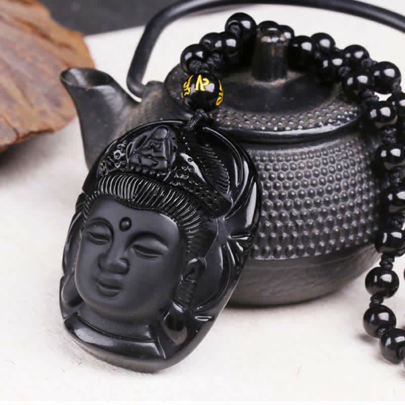 Wear FengShui Natural Black Obsidian Kwan Yin Avalokitesvara Strength String Necklace Pendant