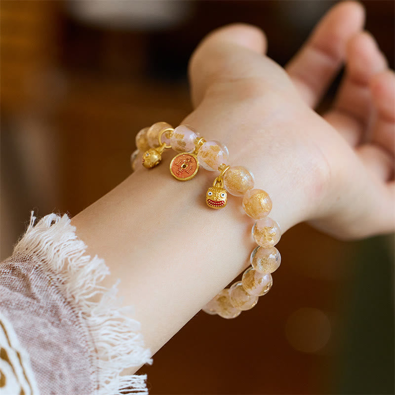 Wear FengShui Gold Swallowing Beast Copper Coin Good Luck Charm Liuli Glass Bead Fortune Bracelet