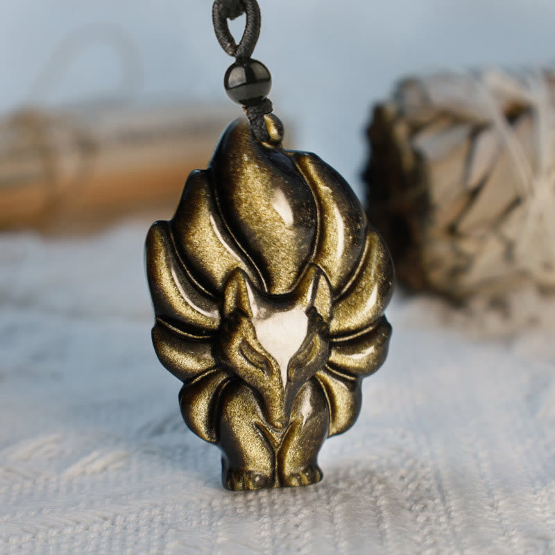 Wear FengShui Natural Fluorite Gold Sheen Obsidian Fox Pendant Protection Necklace