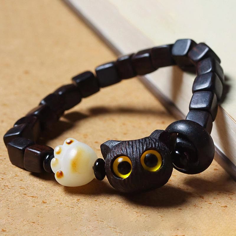 Wear FengShui Ebony Wood Cute Cat Bodhi Seed Paw Claw Square Beads Calm Bracelet