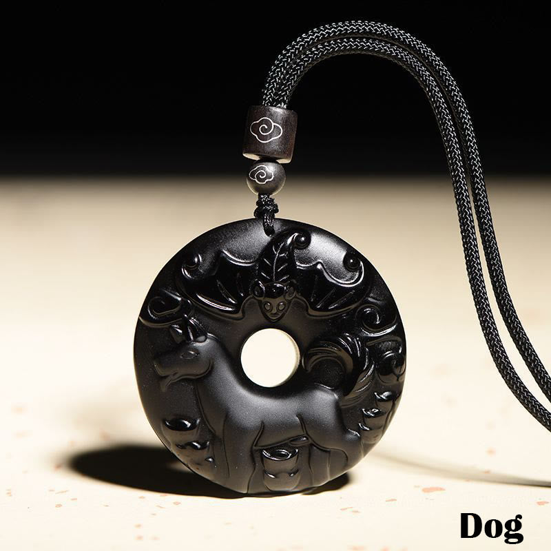 Wear FengShui Chinese Zodiac Natural Black Obsidian Peace Buckle Strength Necklace Pendant