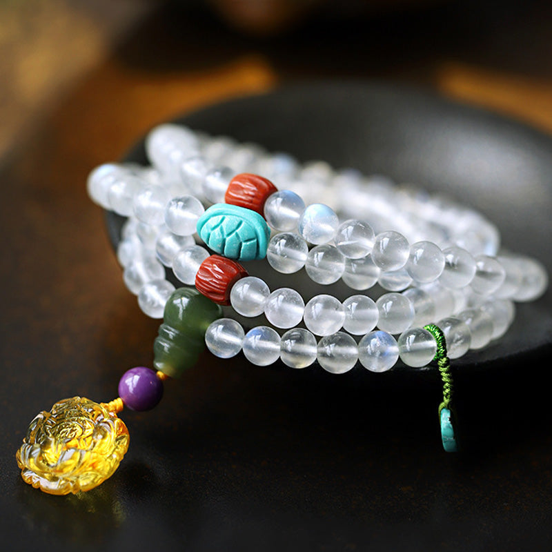 Wear FengShui 108 Mala Beads Moonstone Amber Lotus Turquoise Crystal Healing Bracelet