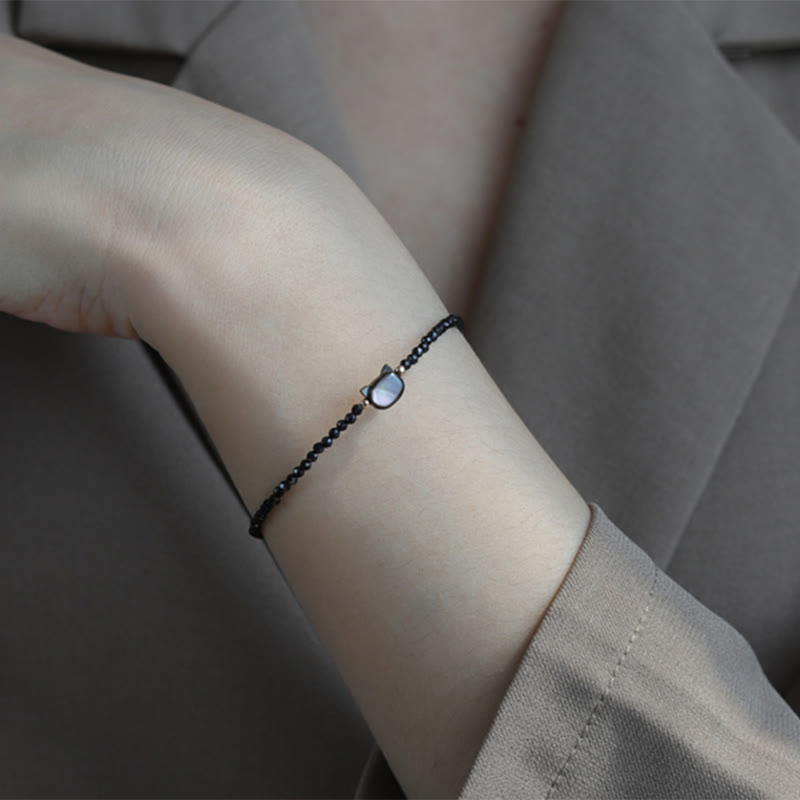 Wear FengShui 14K Gold Plated Black Spinel White Crystal Cute Cat Tridacna Stone Healing Bracelet