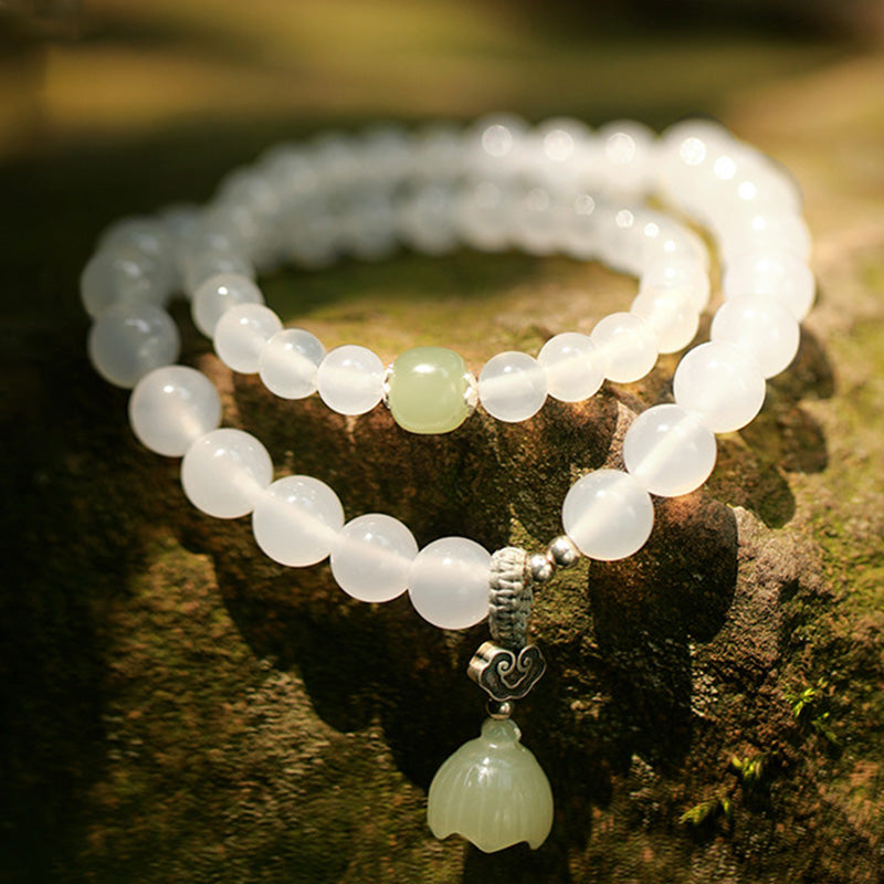 Wear FengShui White Agate Jade Lotus Protection Bracelet