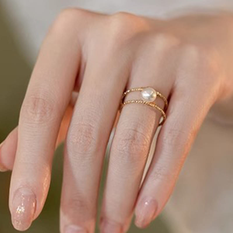 Wear FengShui Round Jade Pearl Bead Double Layer Copper Luck Adjustable Ring