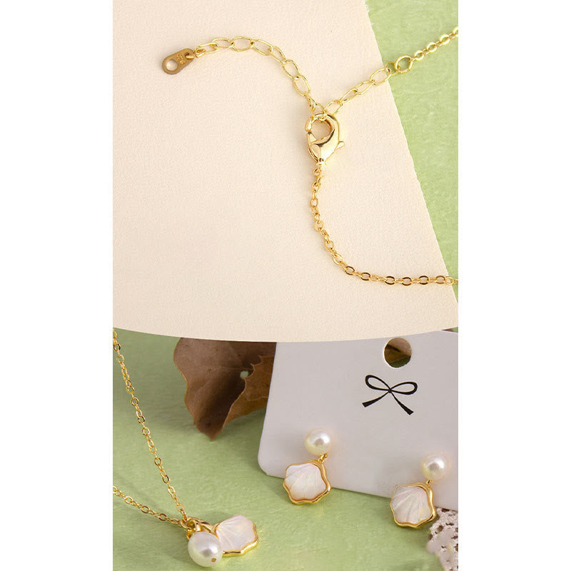Wear FengShui Ginkgo Tridacna Stone Pearl Bead Copper Blessing Necklace Pendant Ring Earrings Set