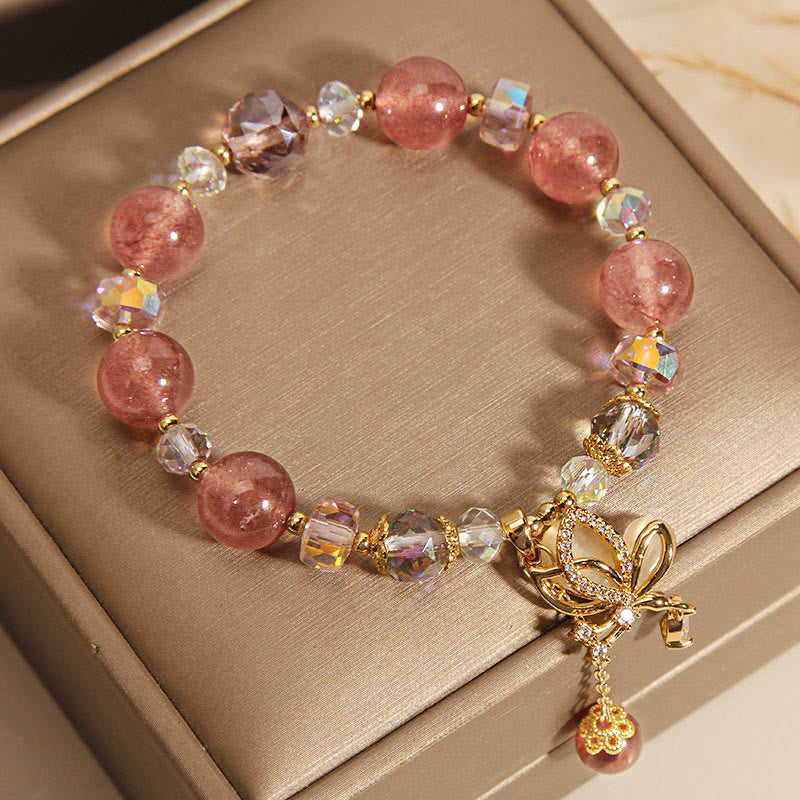 Wear FengShui Natural Strawberry Quartz Healing Positive Butterfly Charm Bracelet