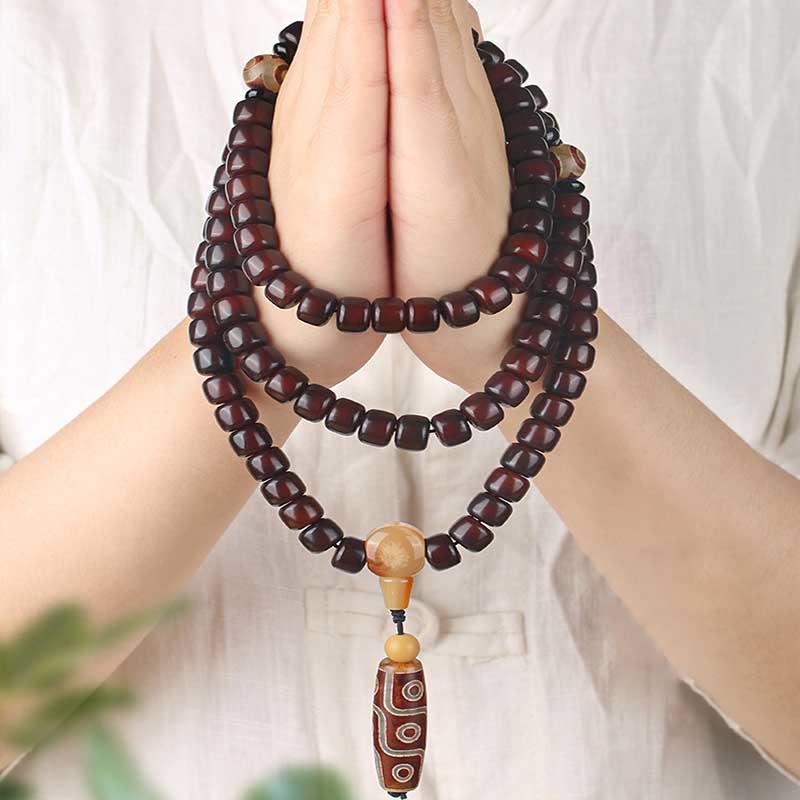 Wear FengShui 108 Mala Beads Three-eyed Dzi Bead Nine-eye Dzi Bead Jade Luck Bracelet