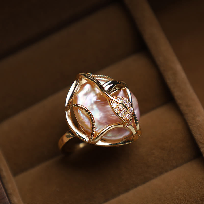 Wear FengShui Pearl Copper Plated Gold Flower Happiness Wealth Ring