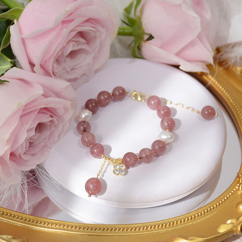 Wear FengShui Natural Strawberry Quartz Pearl Four Leaf Clover Love Bracelet