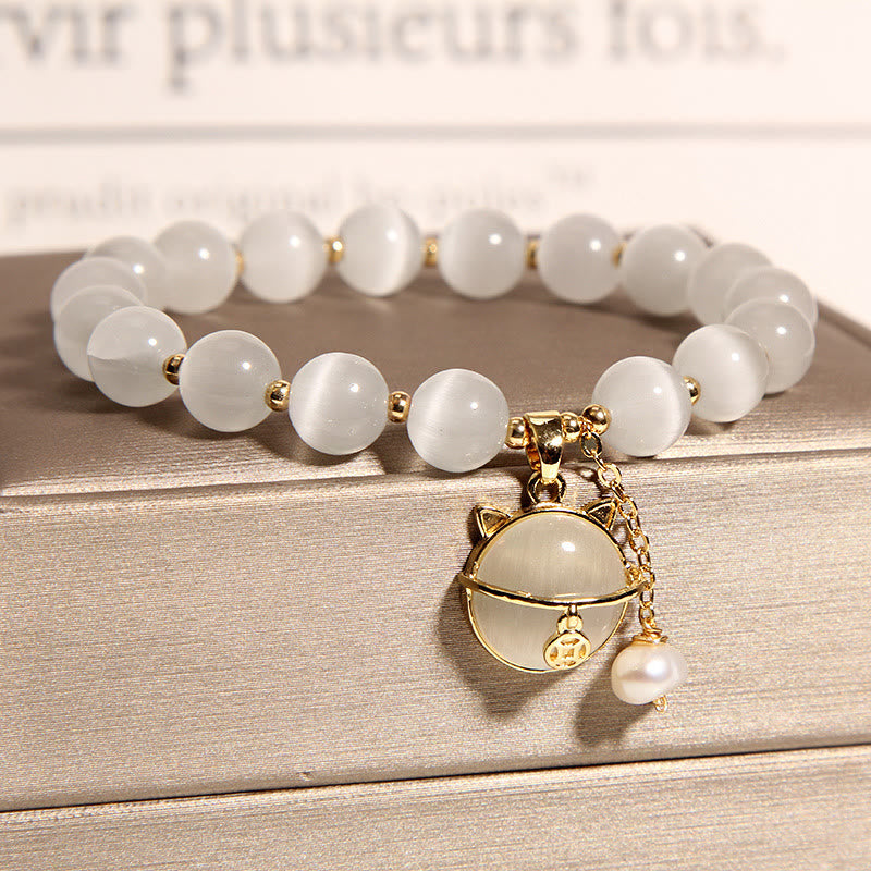 Wear FengShui Cat's Eye Lovely Cat Pattern Pearl Love Charm Bracelet