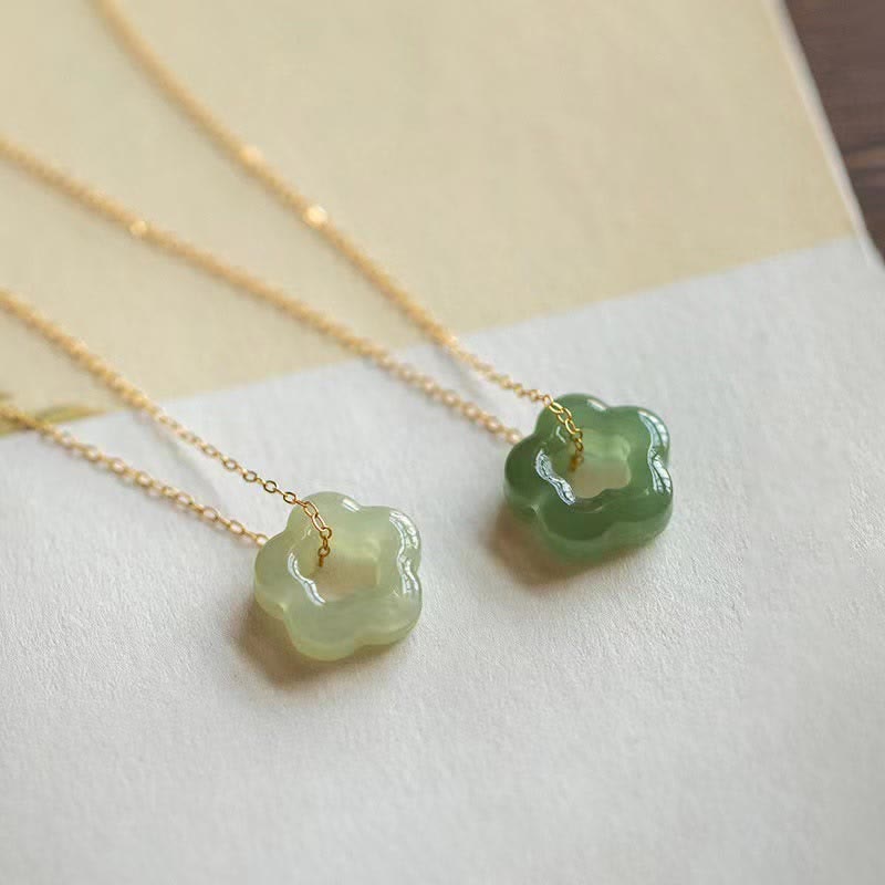 Wear FengShui Dainty Hetian Jade Cyan Jade Luck Floral Charm Necklace Pendant