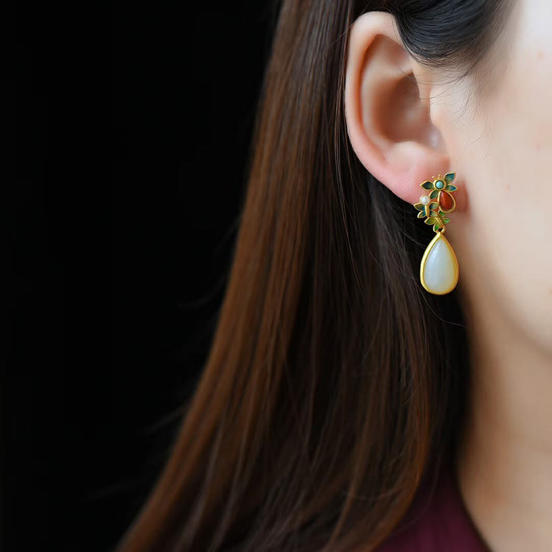 Wear FengShui Water Drop White Jade Red Agate Butterfly Protection Drop Dangle Earrings