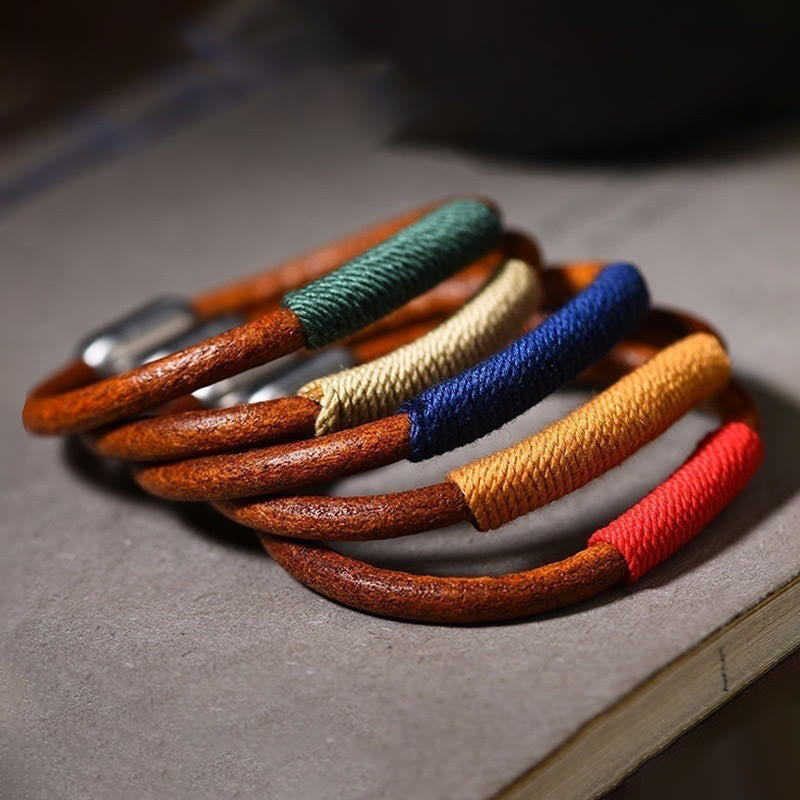 Wear FengShui Tibetan Leather Handmade Five Elements Luck Braid String Buckle Bracelet