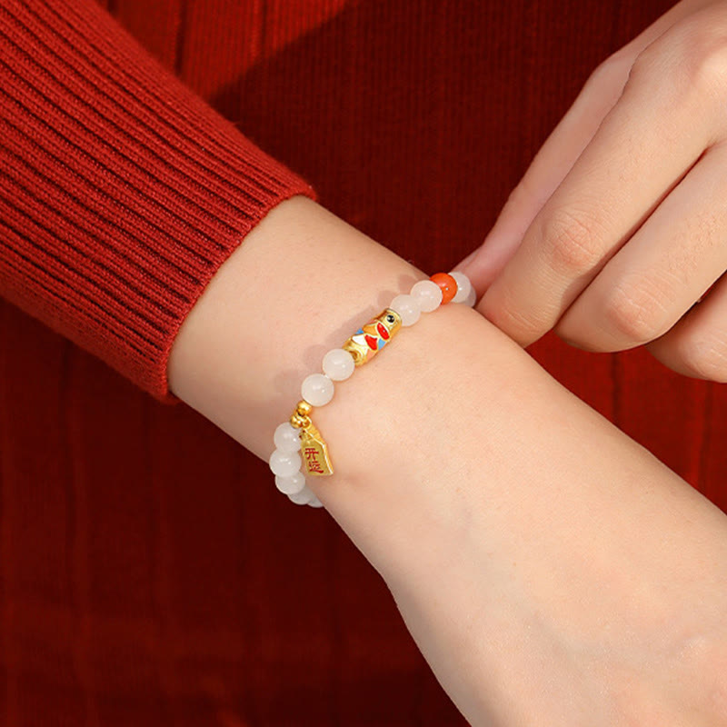 Wear FengShui 925 Sterling Silver Hetian White Jade Red Agate Koi Fish Luck Happiness Bracelet