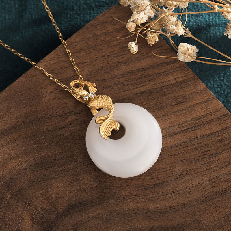 Wear FengShui White Jade Koi Fish Wealth Prosperity Necklace Pendant