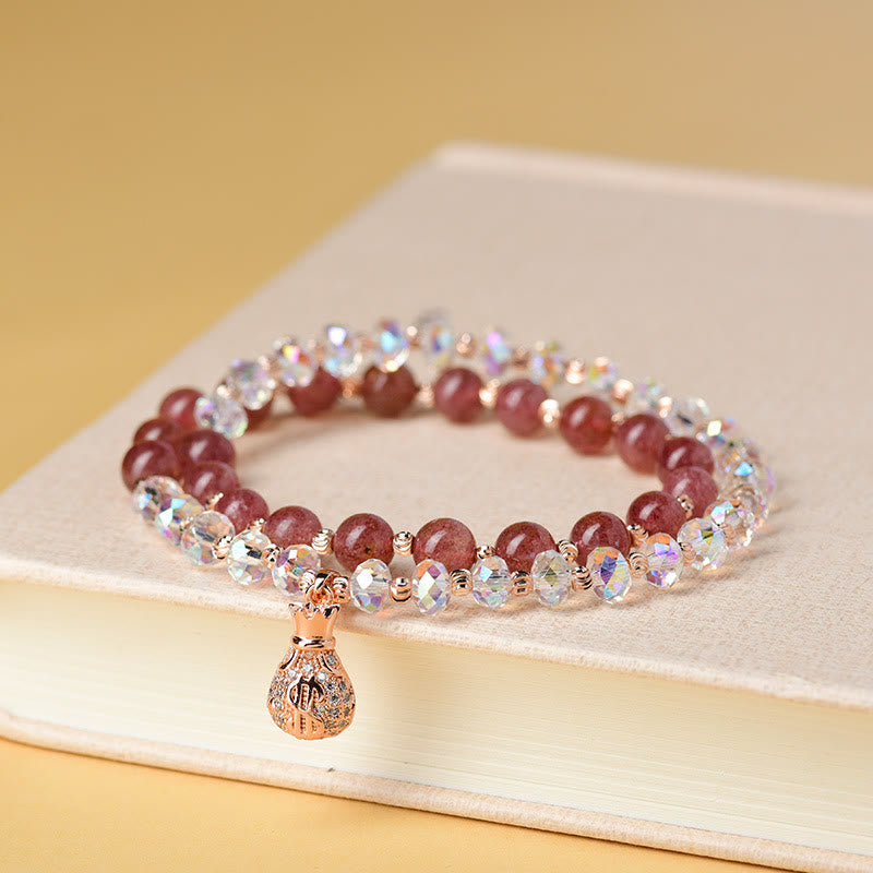 Wear FengShui Strawberry Quartz White Crystal Money Bag Charm Positive Bracelet