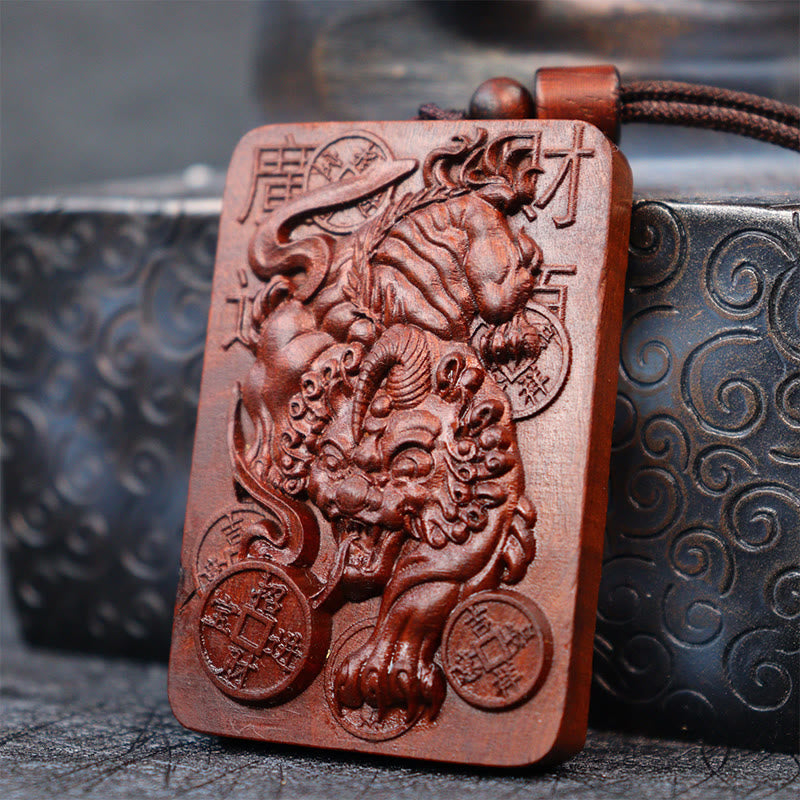 Wear FengShui Natural Lightning Struck Jujube Wood PiXiu Copper Coin Good Fortune Necklace Pendant