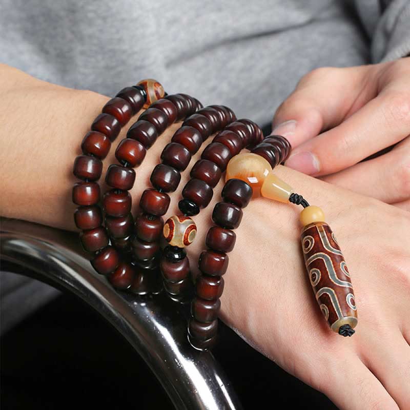 Wear FengShui 108 Mala Beads Three-eyed Dzi Bead Nine-eye Dzi Bead Jade Luck Bracelet