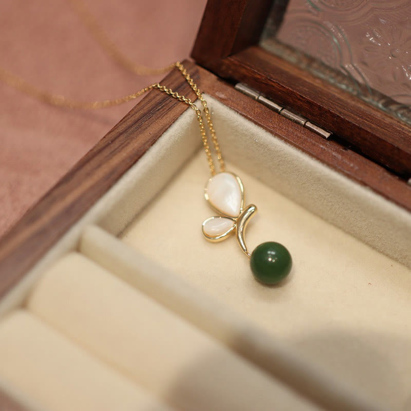 Wear FengShui Natural Butterfly Tridacna Stone Cyan Jade Copper Plated Gold Calm Necklace Pendant Ring Earrings Set