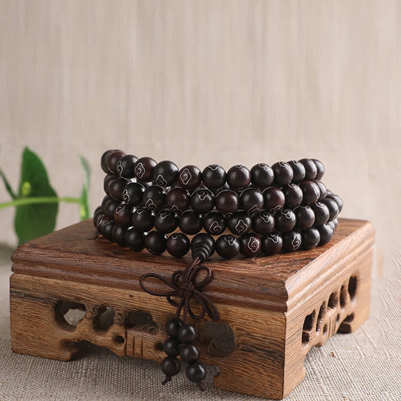 Wear FengShui 925 Sterling Silver Inlaid Small Leaf Red Sandalwood Om Mani Padme Hum Character Auspicious Clouds Protection Bracelet