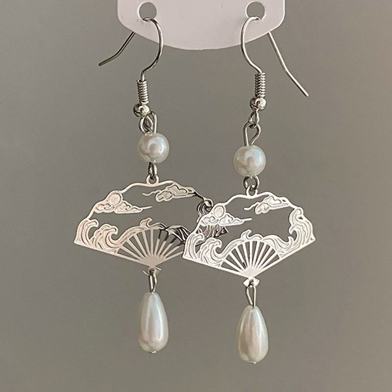 Wear FengShui Copper Fan Auspicious Clouds Pearl Healing Drop Earrings