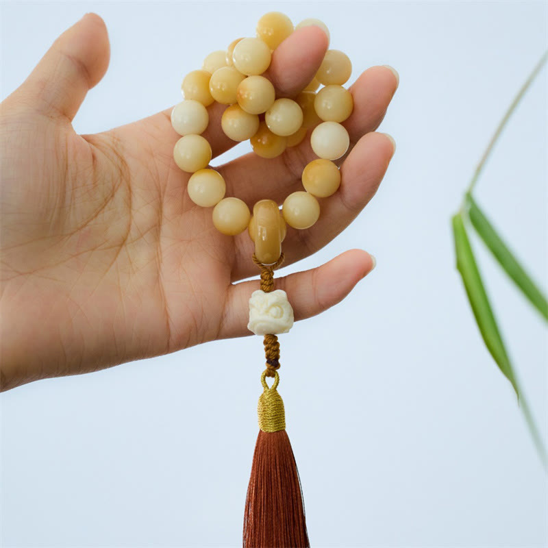 Wear FengShui Natural Bodhi Seed Ivory Fruit Dancing Lion Charm Harmony Tassel Wrist Mala