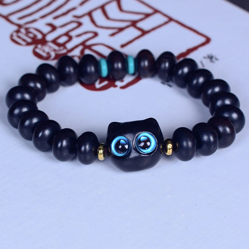 Wear FengShui Ebony Wood Liuli Glass Lovely Cat Peace Balance Bracelet
