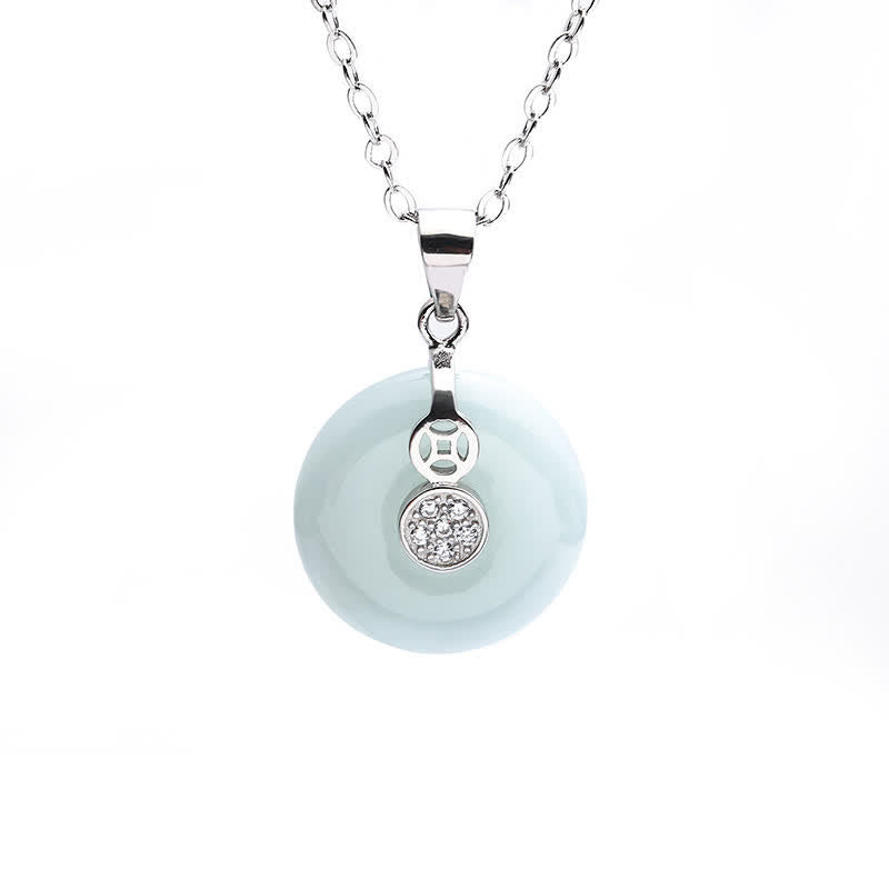 Wear FengShui 925 Sterling Silver Peace Buckle Jade Coin Luck Necklace Pendant