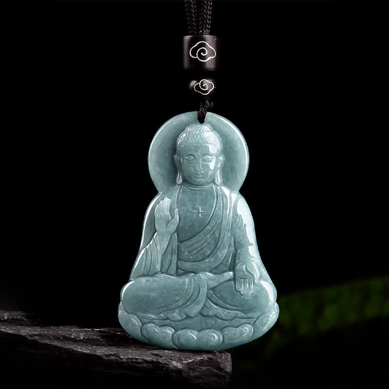 Wear FengShui Amitabha Buddha Natural Jade Lotus Amulet Compassion String Necklace Pendant