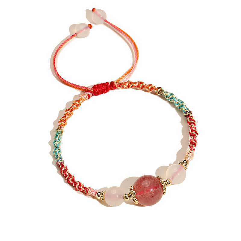 Wear FengShui Strawberry Quartz Pink Crystal Prehnite White Agate Bead Healing Rope Bracelet