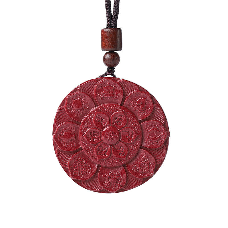 Wear FengShui Natural Cinnabar Lotus Om Mani Padme Hum Blessing Necklace String Pendant