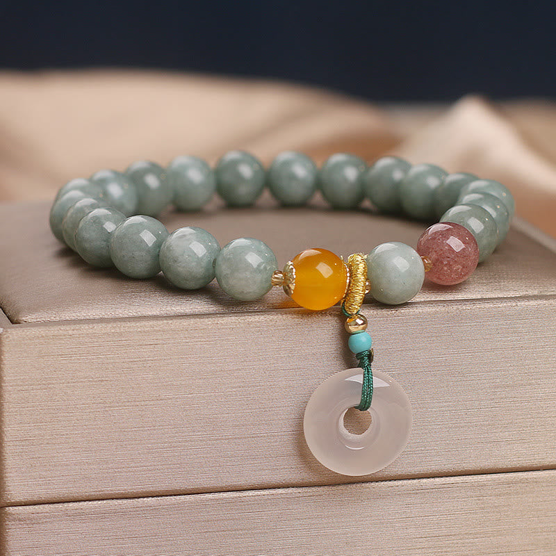 Wear FengShui Natural Jade Strawberry Quartz Bead Peace Buckle Prosperity Bracelet
