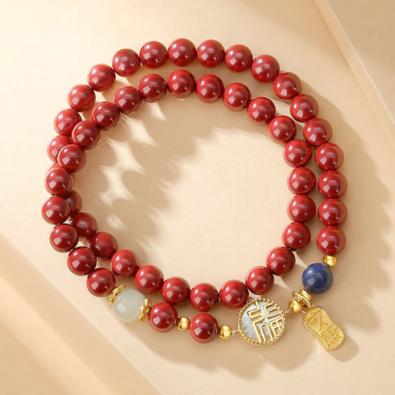 Wear FengShui 925 Sterling Silver Cinnabar Tridacna Stone Fu Character Double Wrap Blessing Bracelet