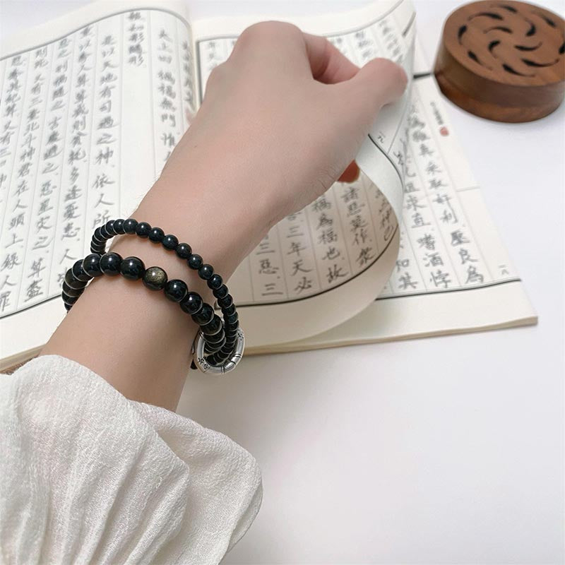 Wear FengShui 999 Sterling Silver Black Obsidian Fulfillment Strength Double Layer Bracelet