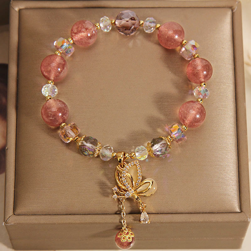 Wear FengShui Natural Strawberry Quartz Healing Positive Butterfly Charm Bracelet