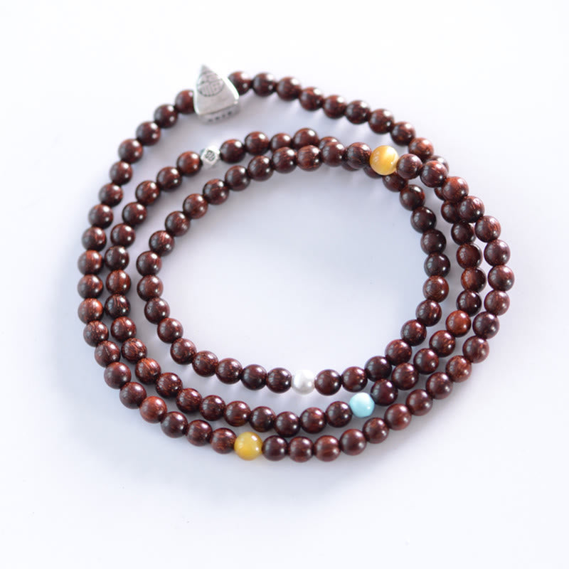Wear FengShui 925 Sterling Silver Indian Small Leaf Red Sandalwood Fu Character Protection Triple Wrap Bracelet