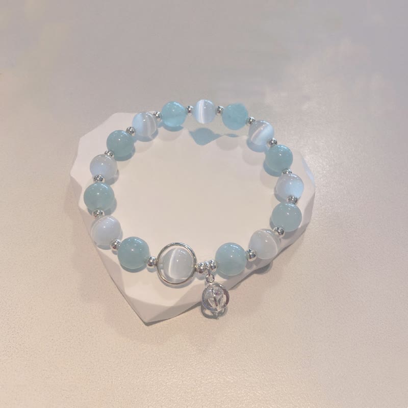 Wear FengShui 925 Sterling Silver Cat's Eye Aquamarine Support Charm Bracelet