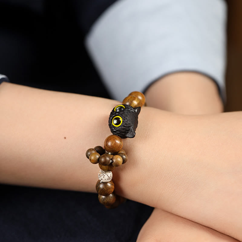 Wear FengShui Green Sandalwood Ebony Wood Cat Peace Soothing Bracelet